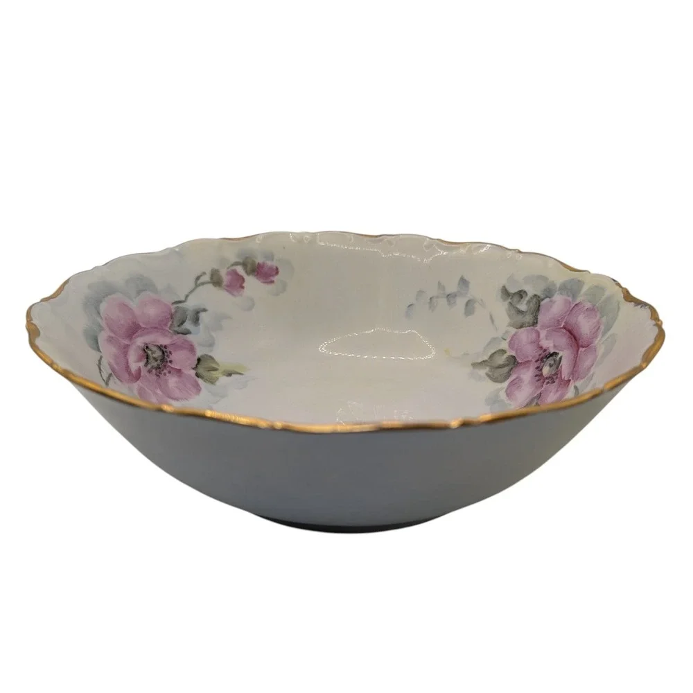 Vintage Seltmann Weiden Serving Bowl Green‎ Pink Floral Hand Painted Nine in SEE